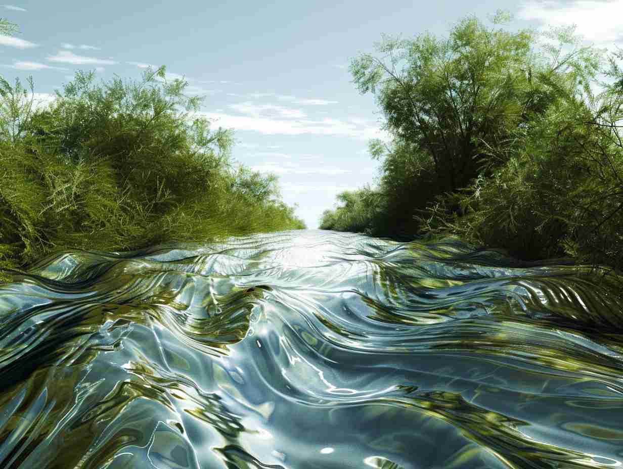 A river with visibly altered flow patterns and currents due to climate change with changes in speed and direction of the water and visible impacts on the surrounding environment