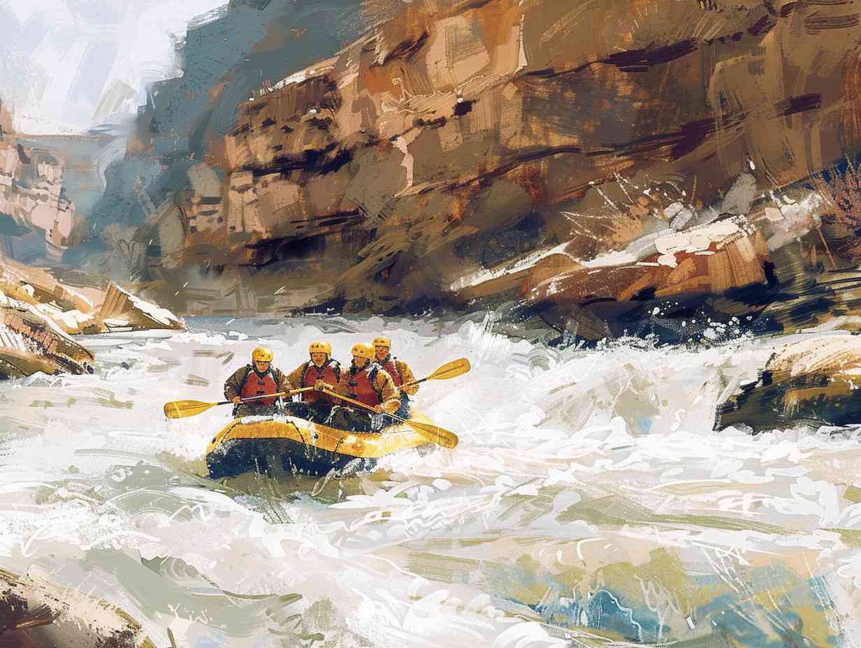 Group of rafters navigating through a river with low water levels and rocky obstacles due to climate change