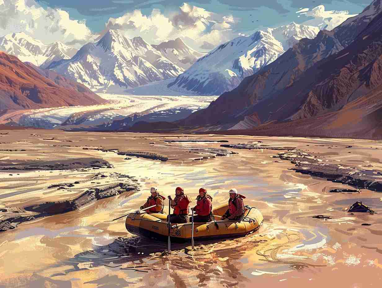 Group of rafters navigating through low water levels and barren riverbanks under a scorching sun with melting glaciers in the background