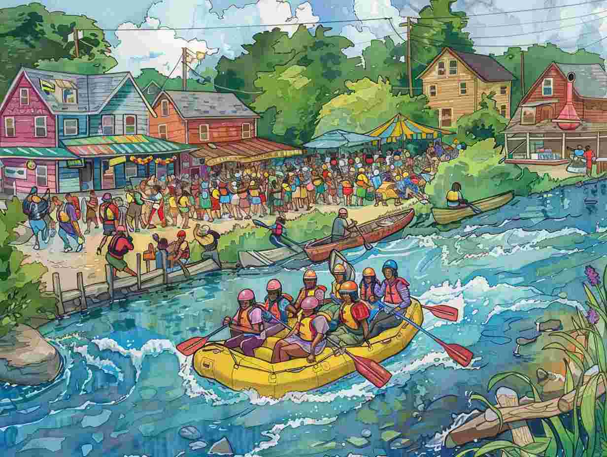 A group of diverse people rafting down a river passing by local businesses and vendors set up along the shore showcasing community development initiatives in action