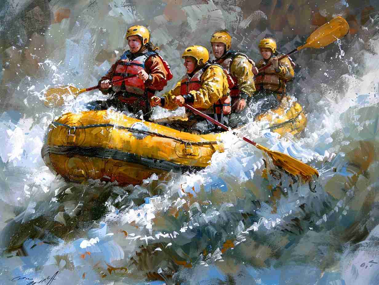 A team of rafters navigating rough waters clearly communicating and working together seamlessly Gestures eye contact and teamwork are evident