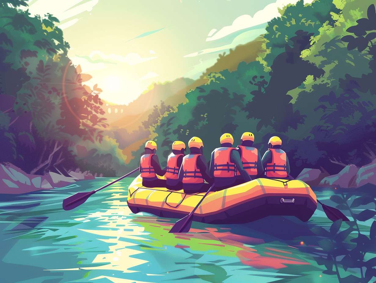 A diverse group of individuals wearing life jackets and helmets navigating a calm river on a raft with a guide steering at the back.