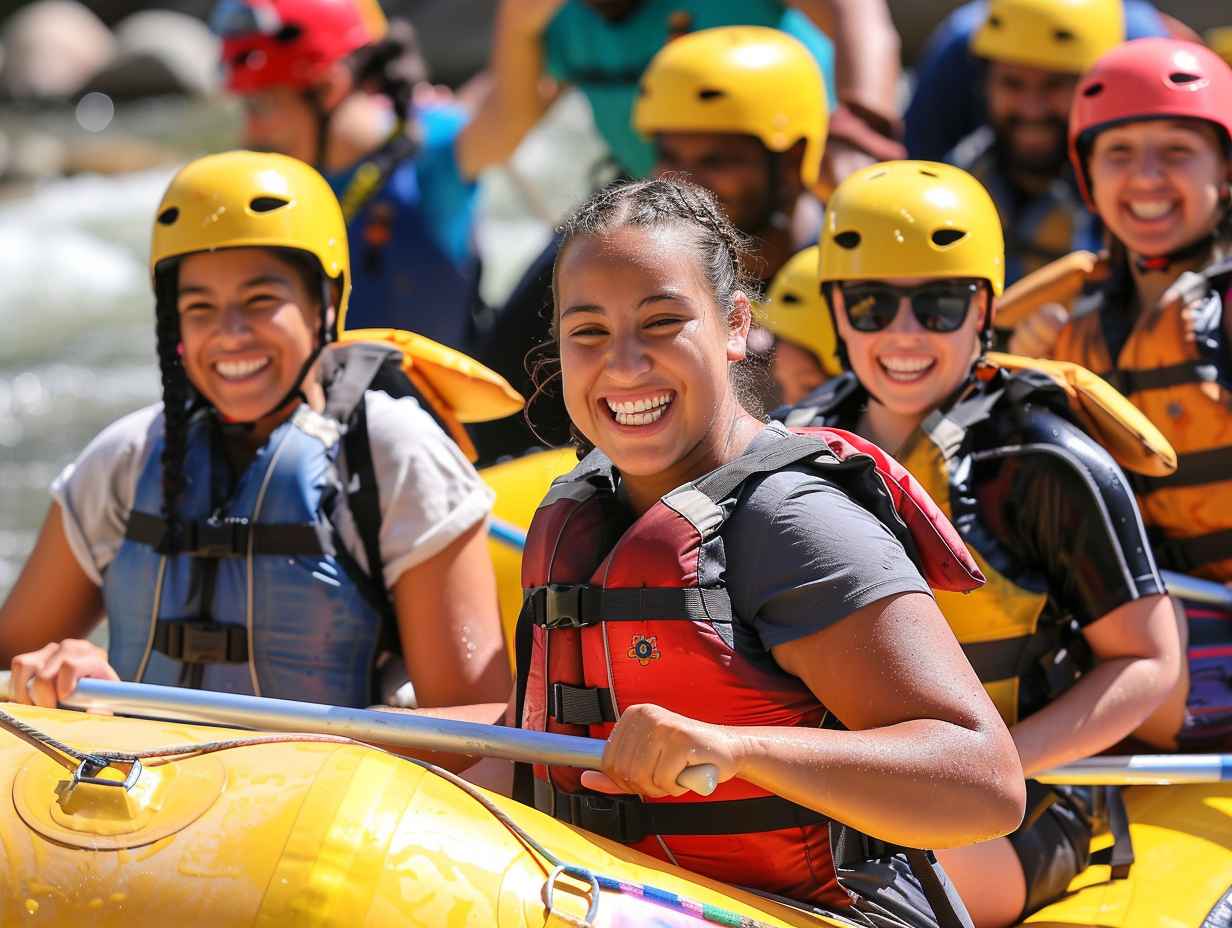 A group of diverse individuals with various disabilities smiling and enjoying a thrilling rafting adventure, with a guide assisting a person in a wheelchair onto the raft.