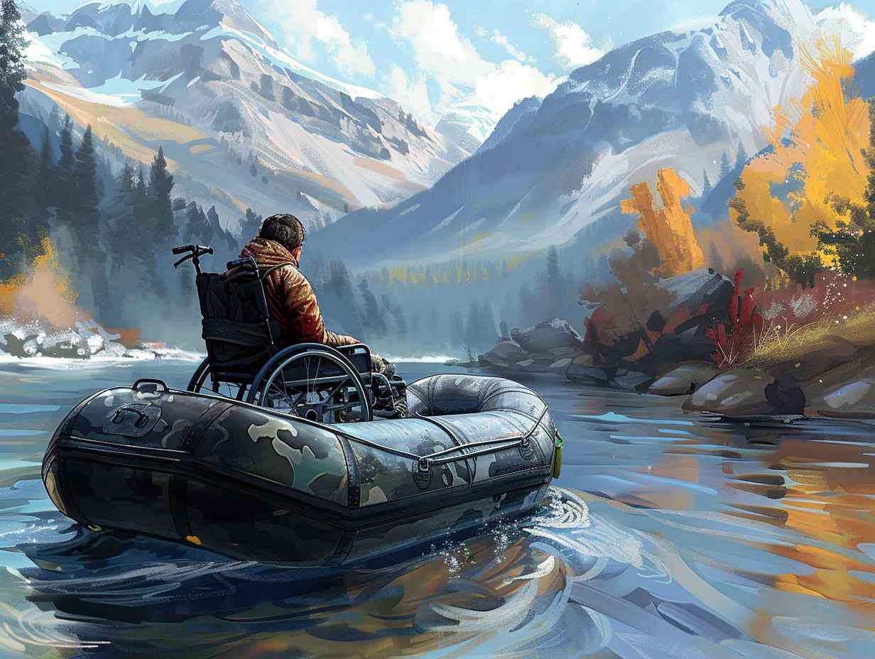 A person in a wheelchair effortlessly boards a specially designed raft with accessible ramps and equipment surrounded by scenic river landscapes