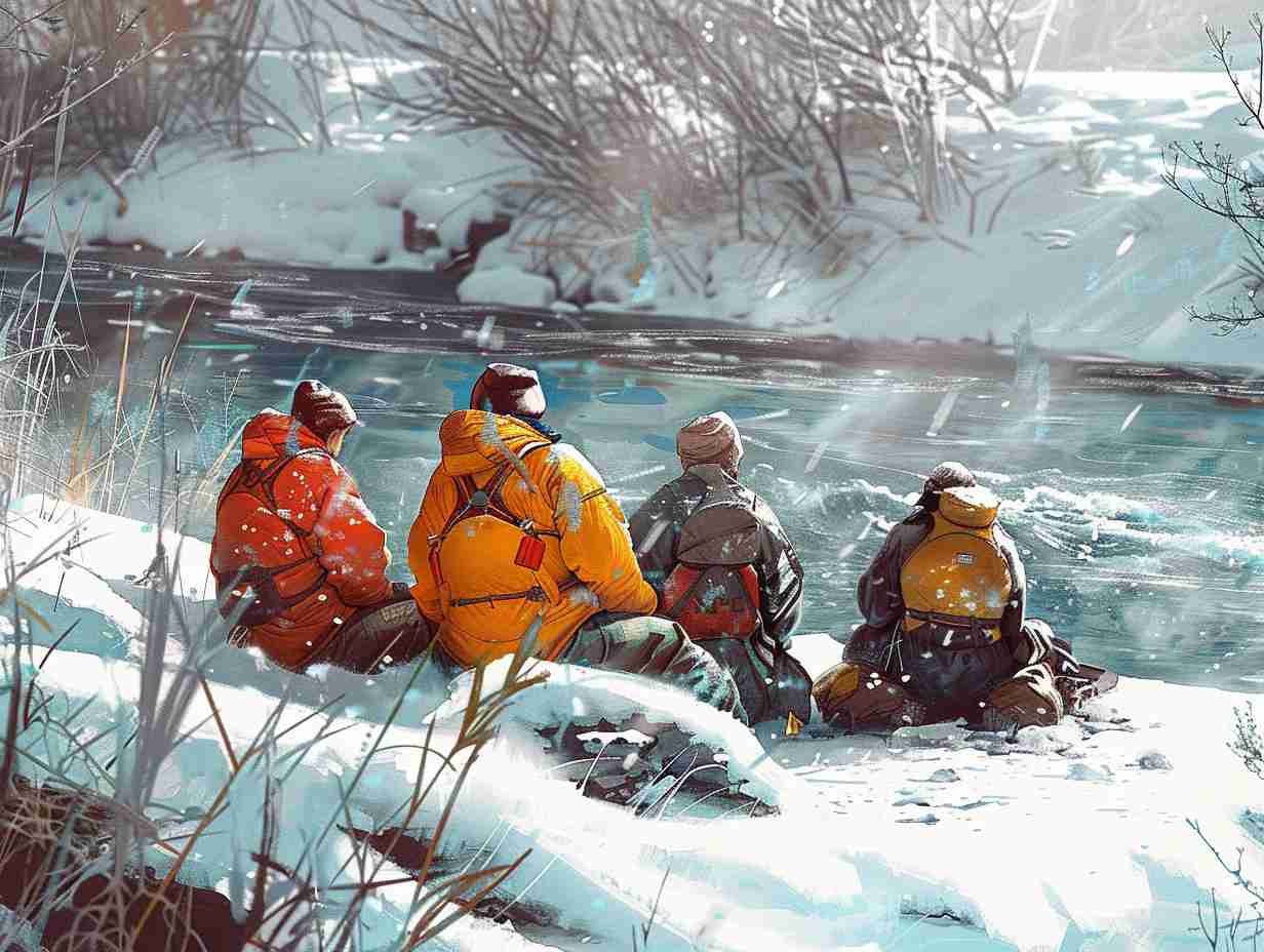 Group of rafters wearing thick insulated wetsuits and cozy beanies huddled together for warmth on a snowcovered riverbank