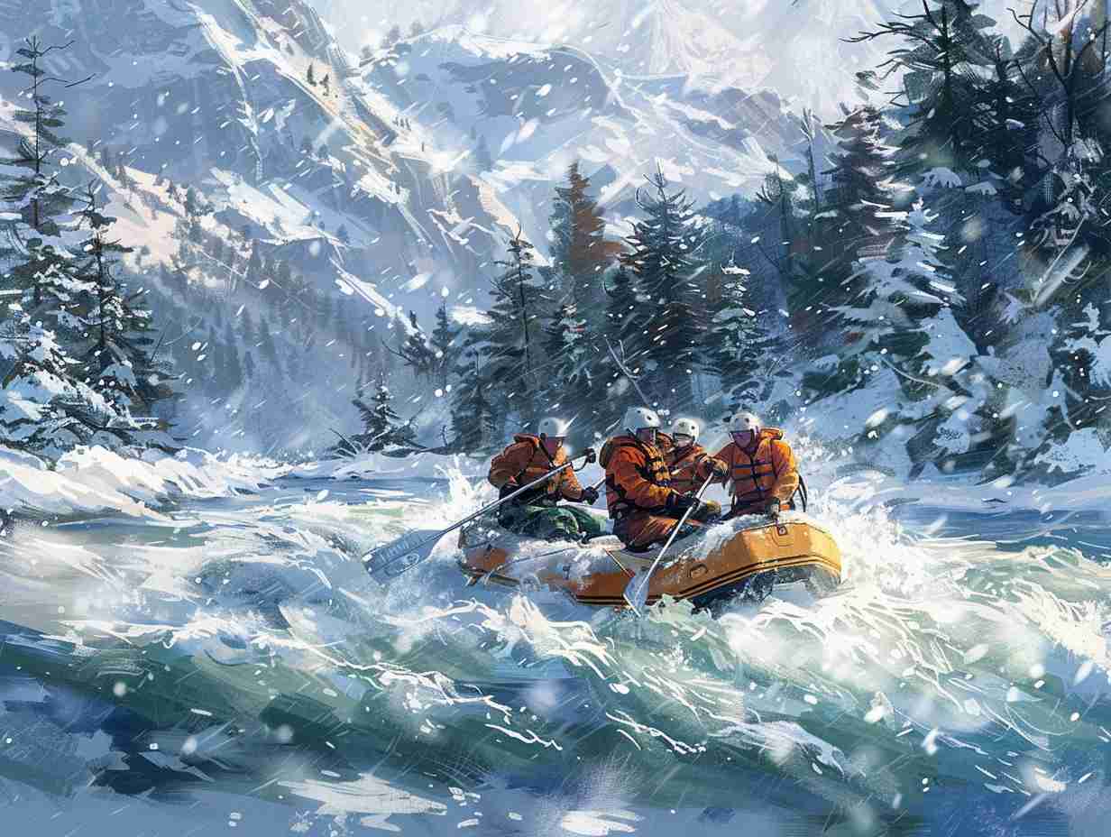 Group of people wearing thick wetsuits and helmets maneuvering a raft through icy white water rapids surrounded by snow-covered pine trees in a remote, frozen landscape