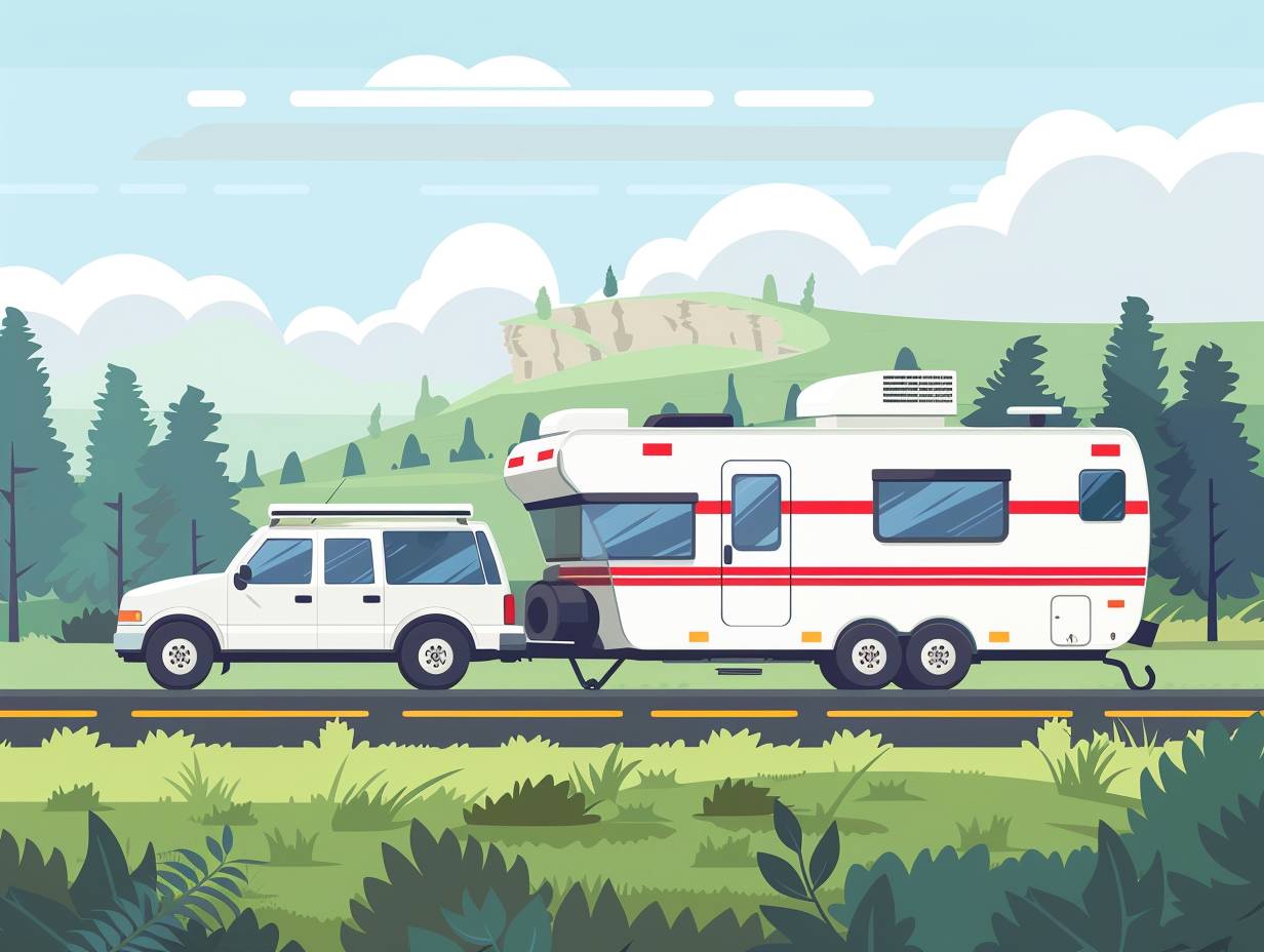 Recreational vehicle towing a trailer equipped with reflective tape proper tire inflation and emergency kits promoting road safety for RV and trailer campers