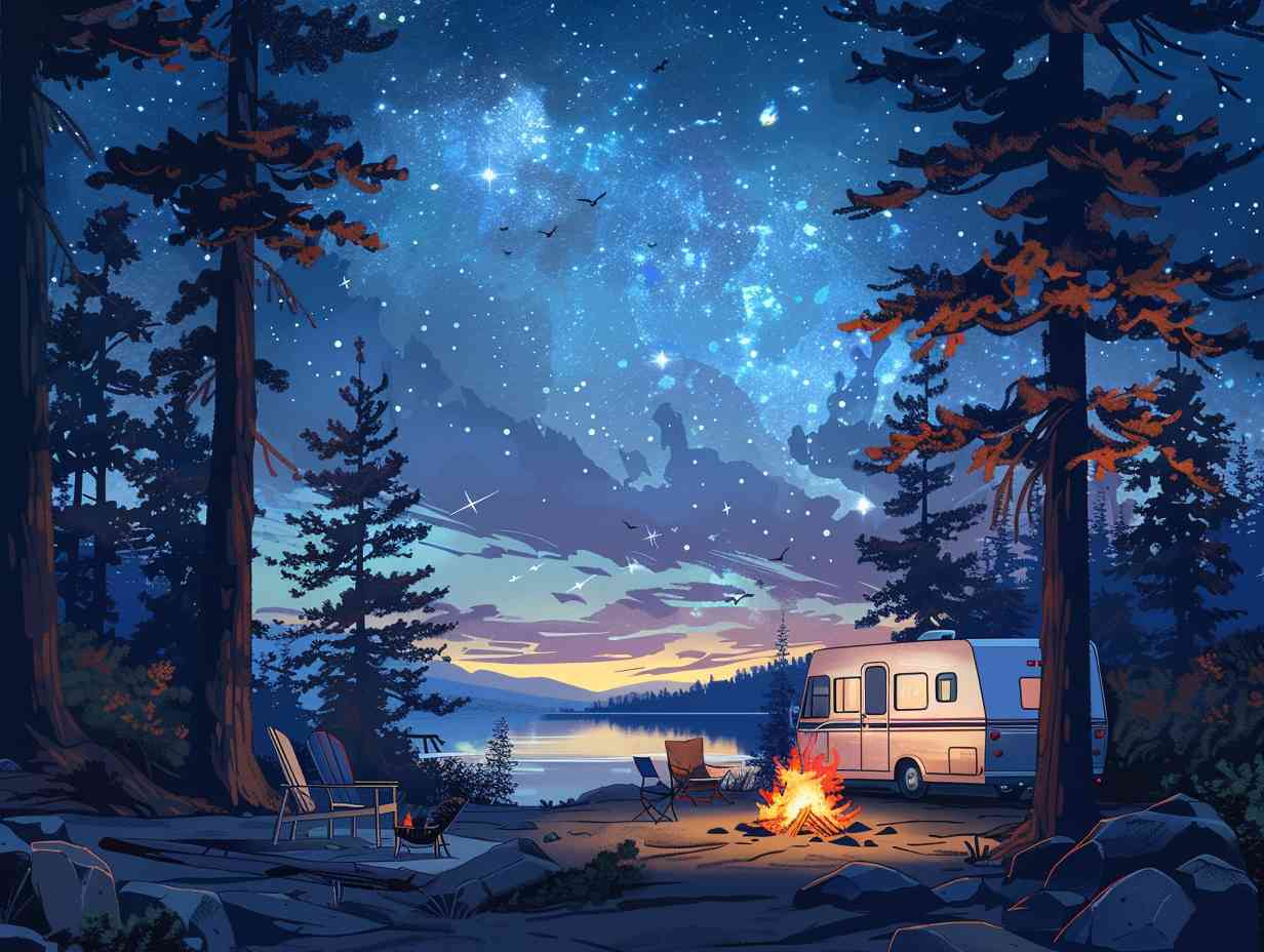 A serene campsite with an RV, campfire, camping chairs, and a family roasting marshmallows under a starry night sky.