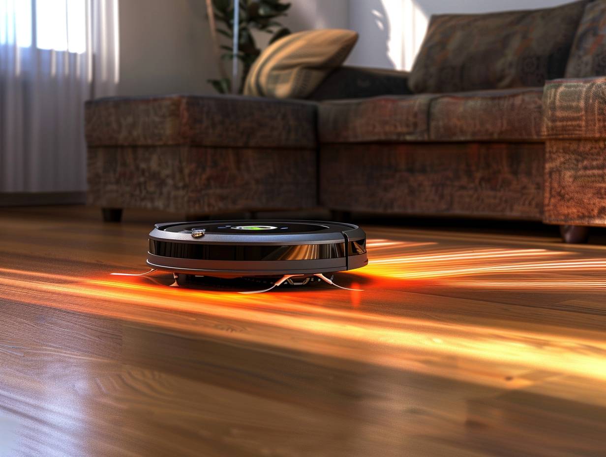 A robotic vacuum using infrared sensors to navigate around furniture and obstacles in a room with sensors emitting beams of light to detect surroundings