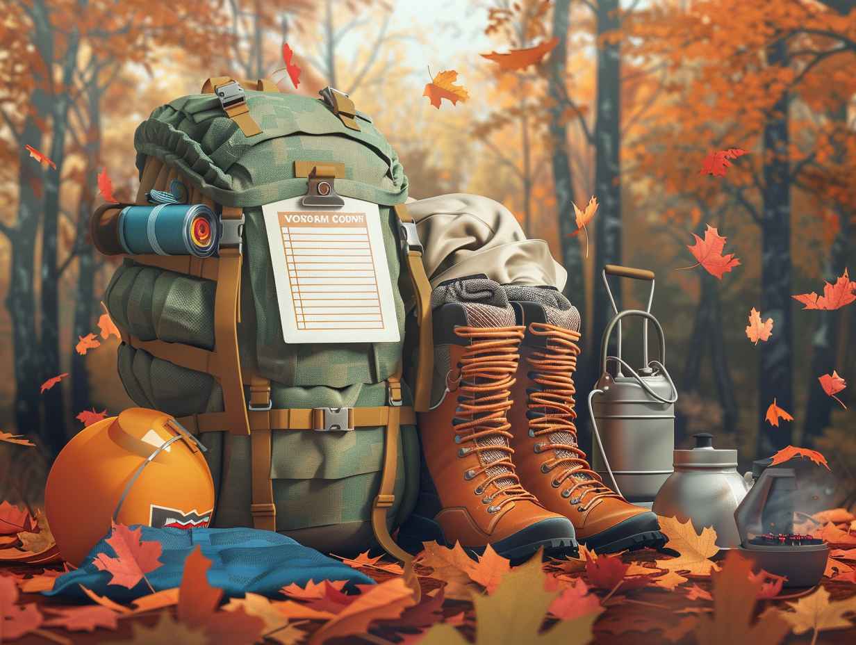 A backpack filled with camping gear against a backdrop of changing fall leaves