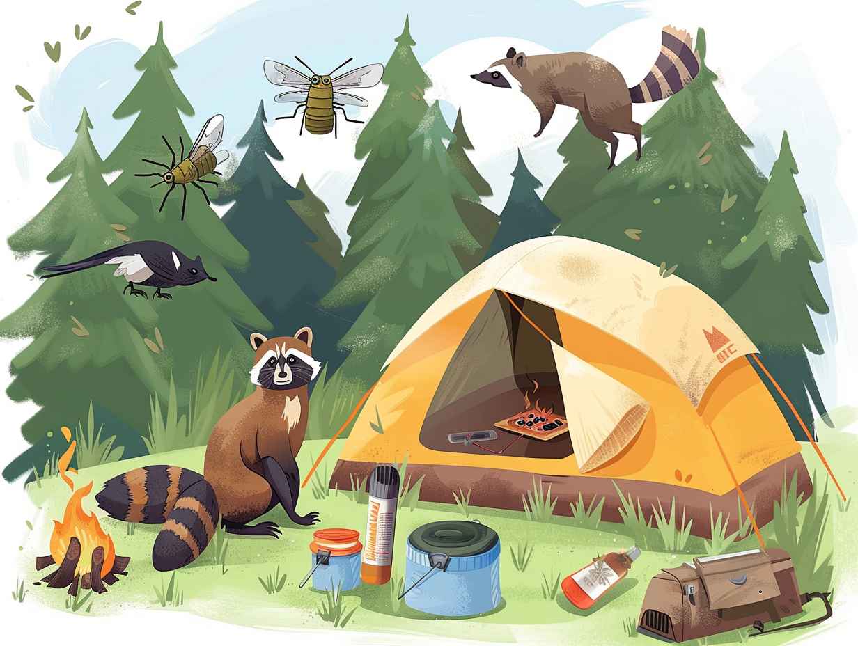 Campsite with various pests and wildlife including raccoons squirrels mosquitoes and bears in the background Precautions like sealed food containers and bug repellent are visible