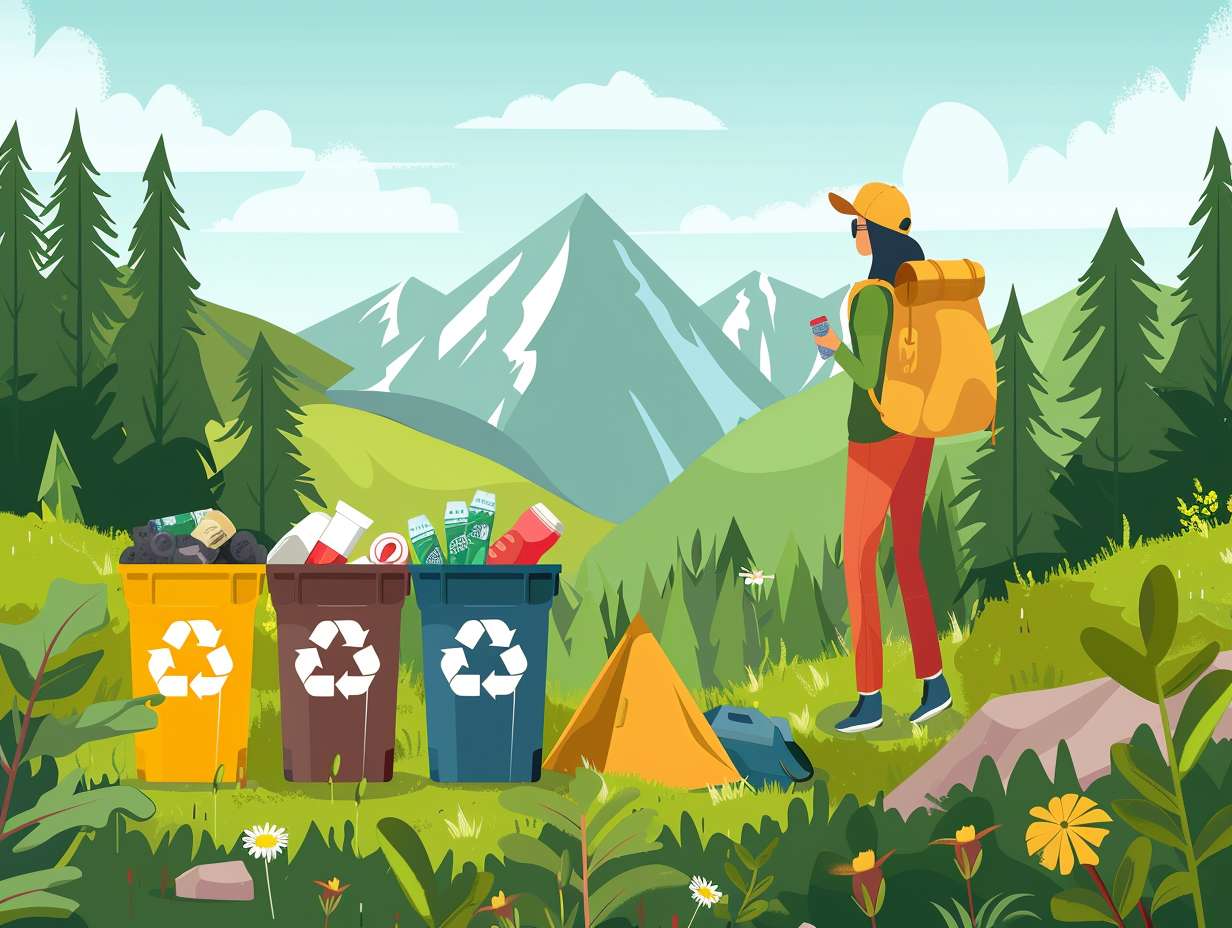 Person responsibly disposing of waste at a campsite with separate recycling compost and trash bins in a pristine natural environment