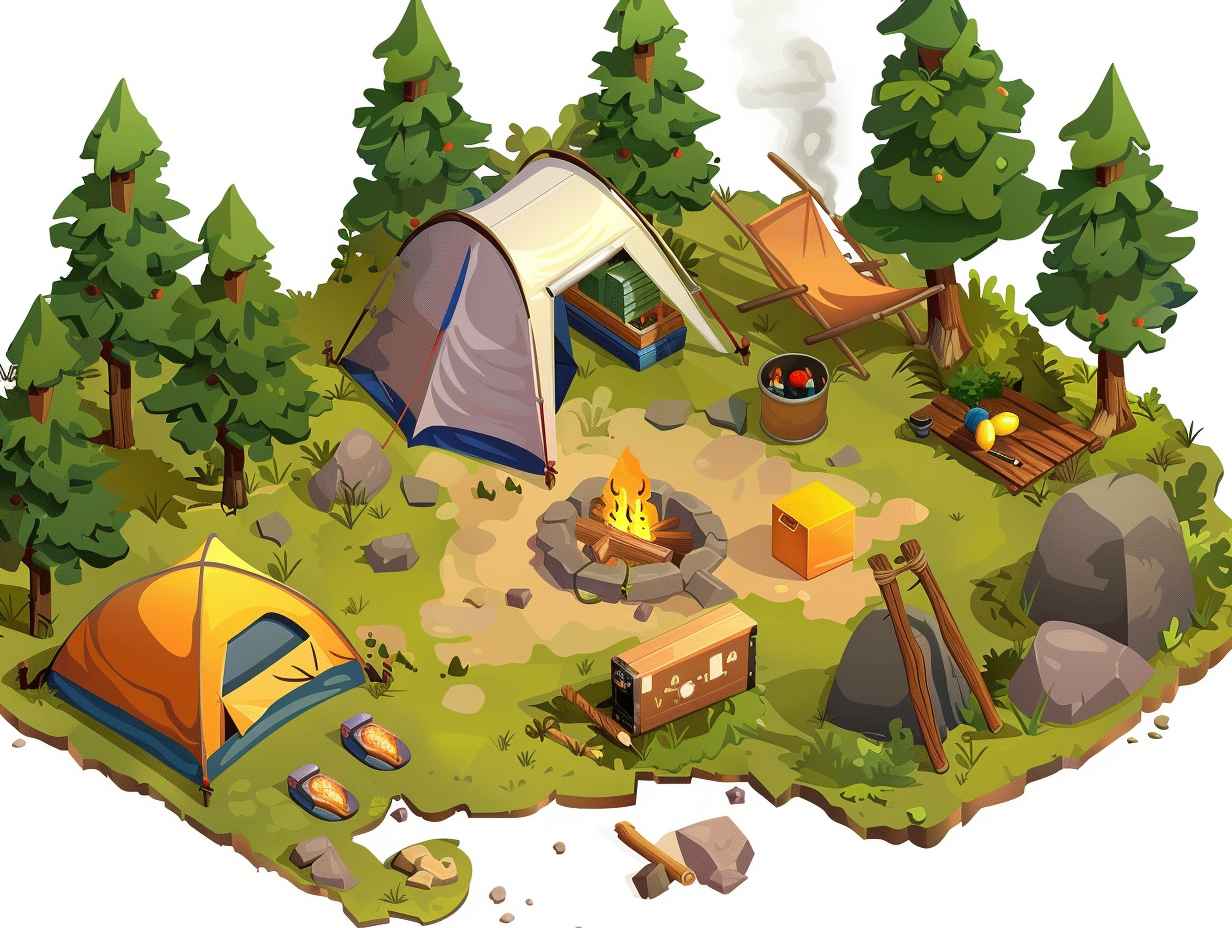 Wellmaintained campsite with fire ring food storage away from tents and accessible first aid kit