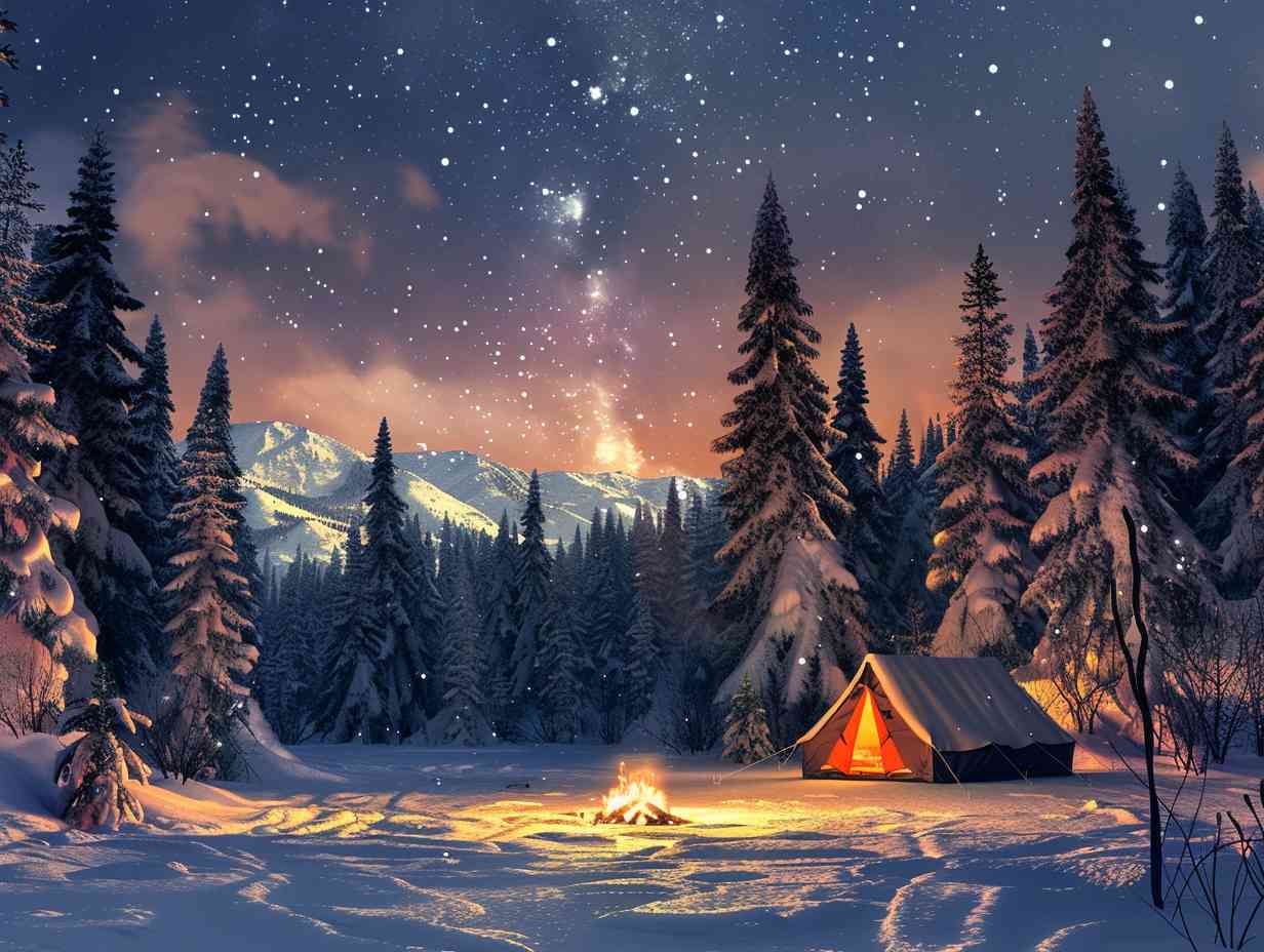 A serene campsite nestled in a snowy winter forest with a cozy tent, warm campfire, snow-capped trees, and a clear starry sky above.