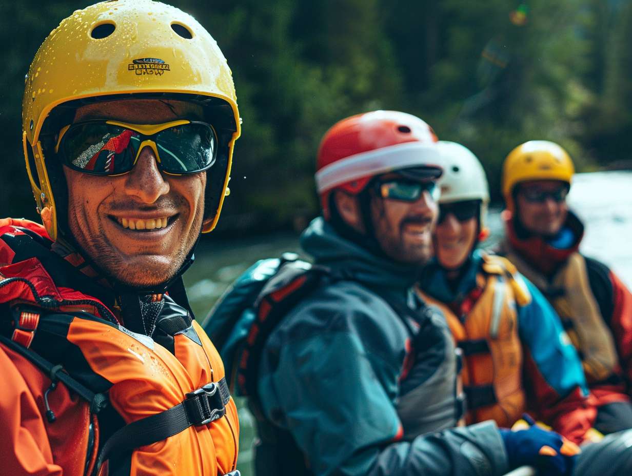 A group of people wearing helmets life jackets and sunglasses rafting in summer