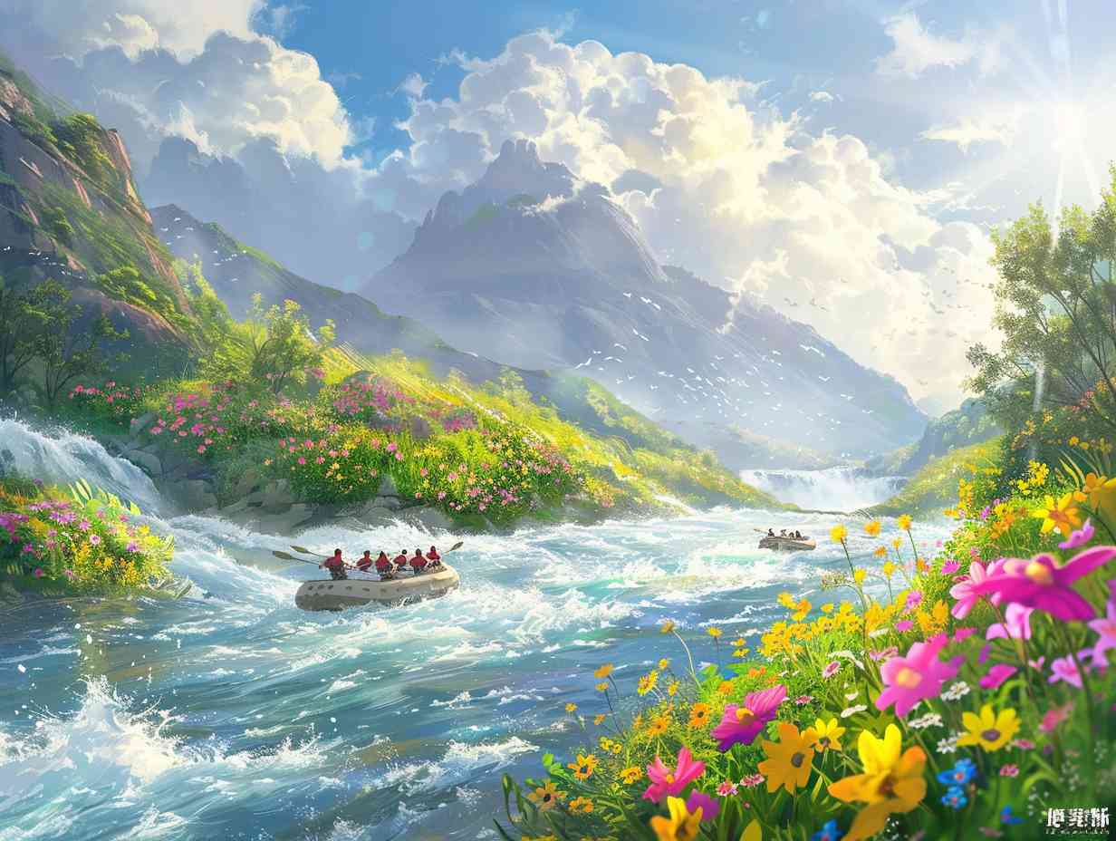 A rushing river in the spring with blooming wildflowers along the banks, a bright sun overhead, and rafts navigating the turbulent waters.