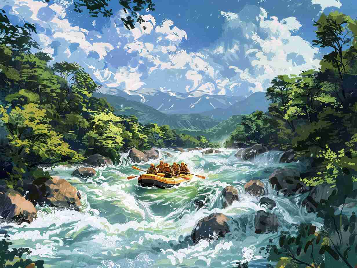 Expert rafters navigating through Class IV and V rapids surrounded by lush greenery and a clear blue sky