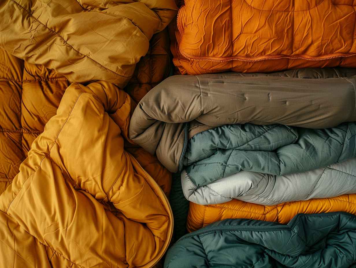 Various ecofriendly insulation options for sleeping bags including recycled polyester organic cotton and plantbased fibers like bamboo or hemp showcasing different textures and colors