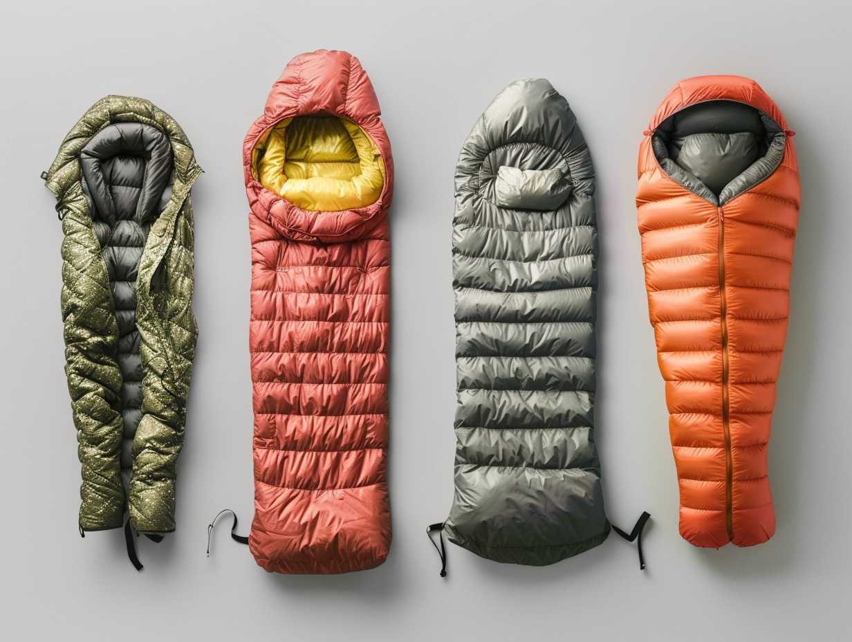 A visual comparison of down insulation and synthetic insulation in sleeping bags showing differences in loft compressibility and warmth retention through visual representations of feathers and synthetic fibers