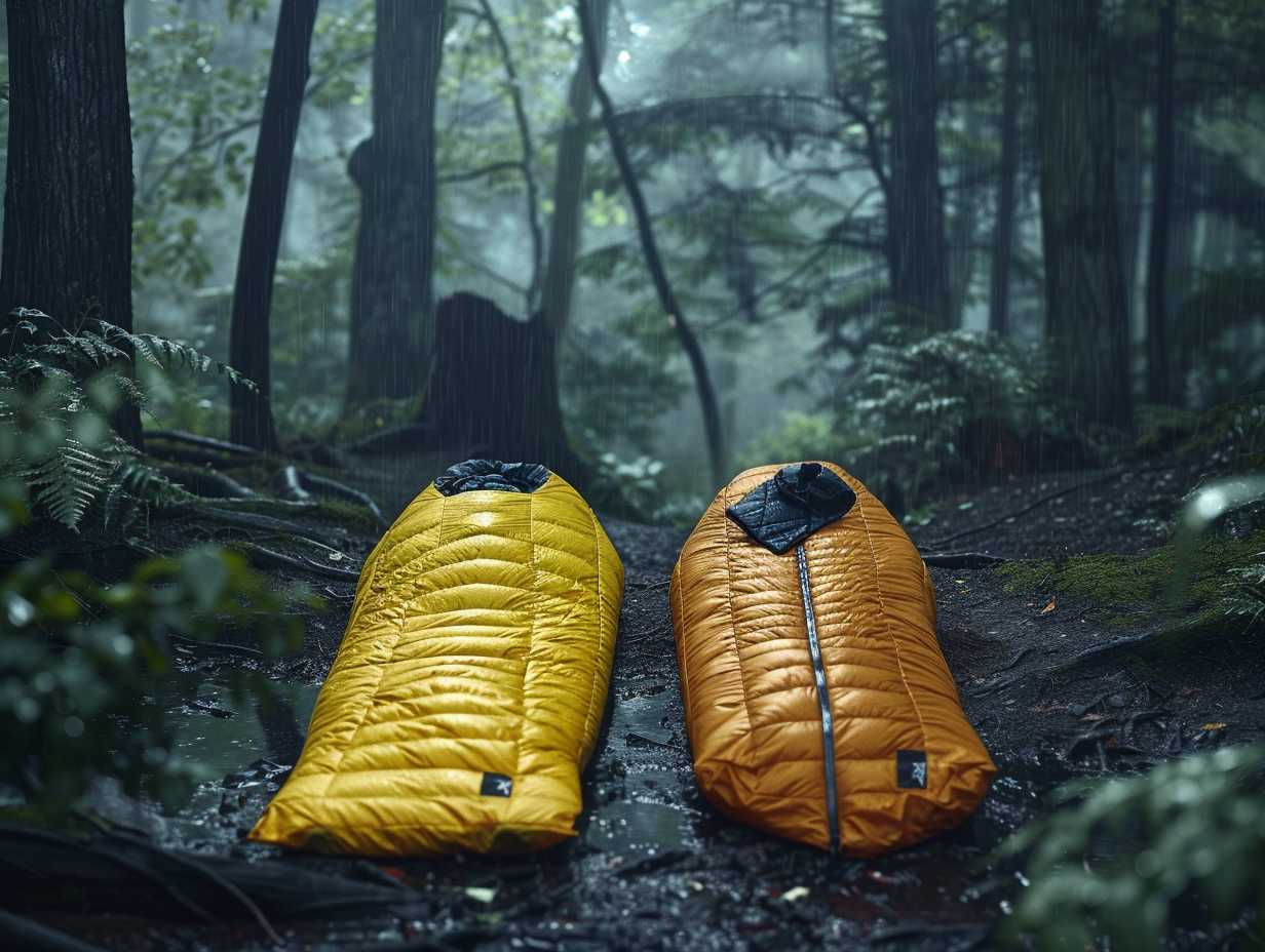 Two sleeping bags side by side in a rainy forest one with quickdrying synthetic insulation and the other with moistureresistant down insulation both repelling water