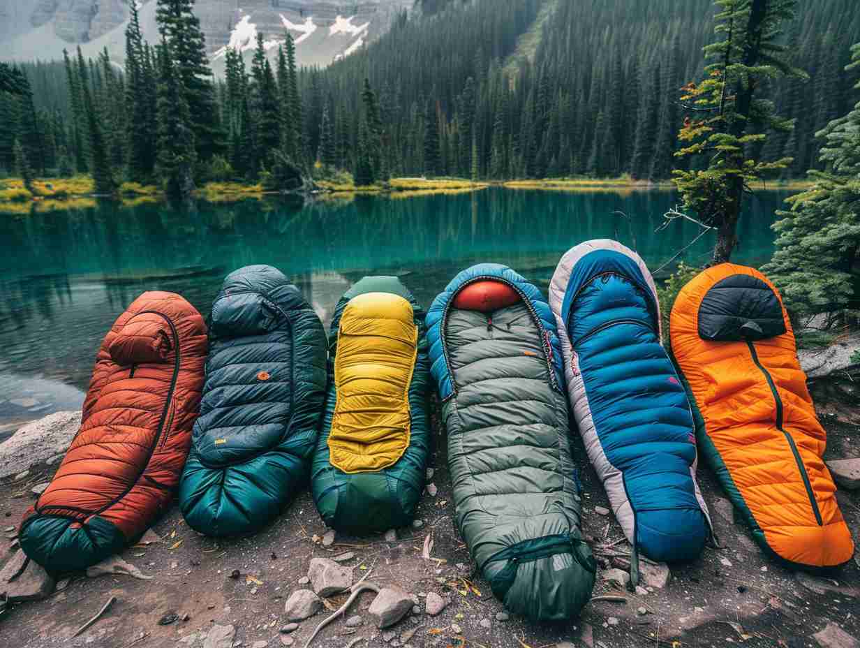 A variety of sleeping bags with different insulation types (down, synthetic, hybrid) placed in a natural outdoor setting to highlight their features.