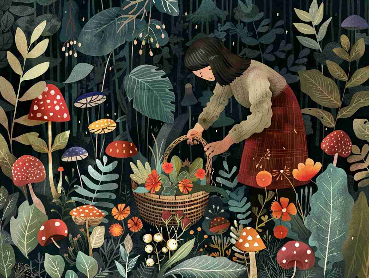 Person foraging for wild berries mushrooms and leafy greens in the forest with a basket and foraging knife