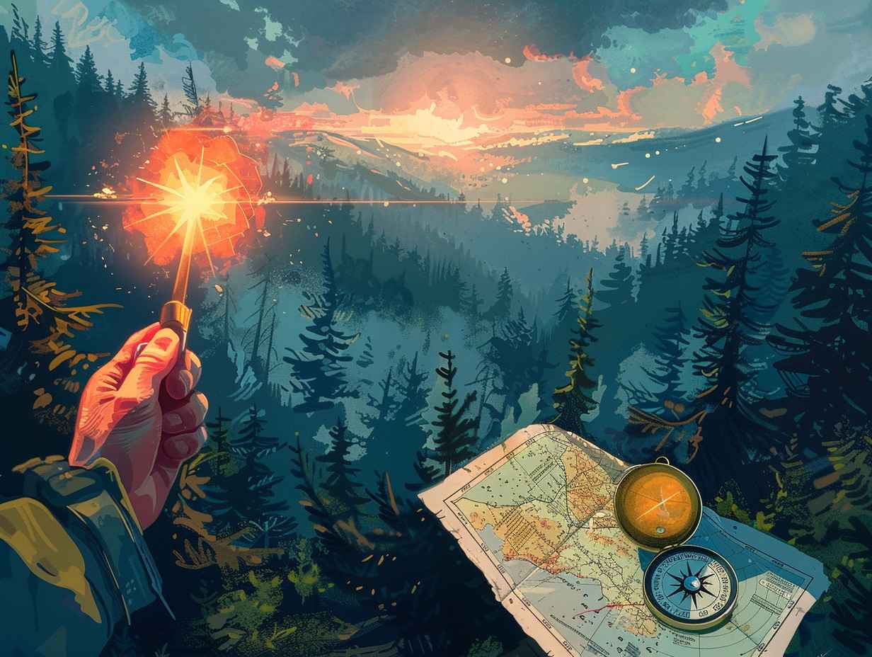 Person using compass and map to navigate through dense forest and signaling for help with bright orange flare in the sky