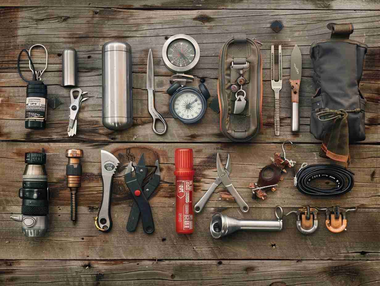 Diverse set of survival tools laid out on a rustic wooden table, including a compass, first aid kit, multi-tool, water purifier, and fire starter.