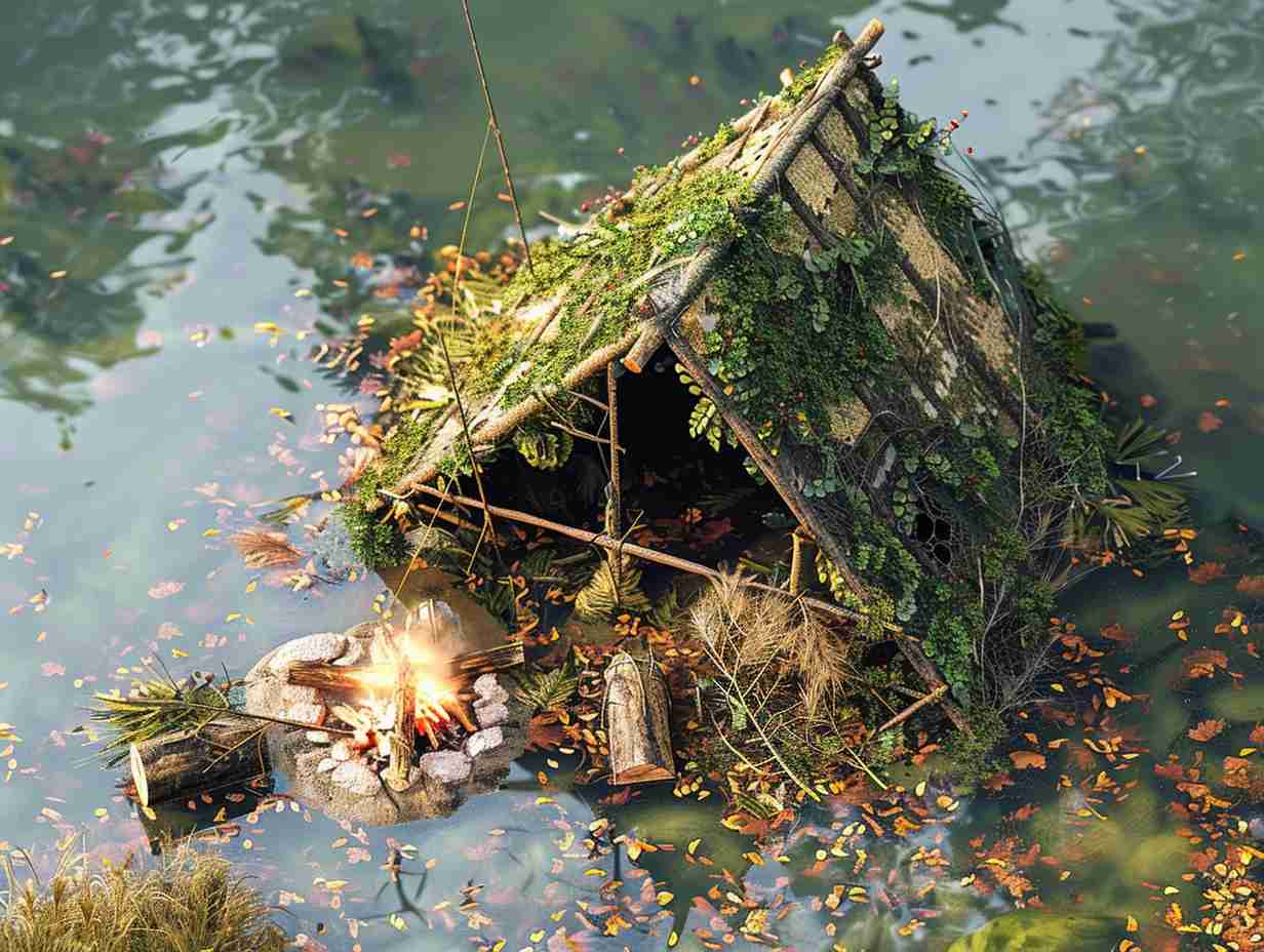 A rafter building a shelter using branches and leaves, with a fire pit nearby and a makeshift fishing pole, signaling for help.