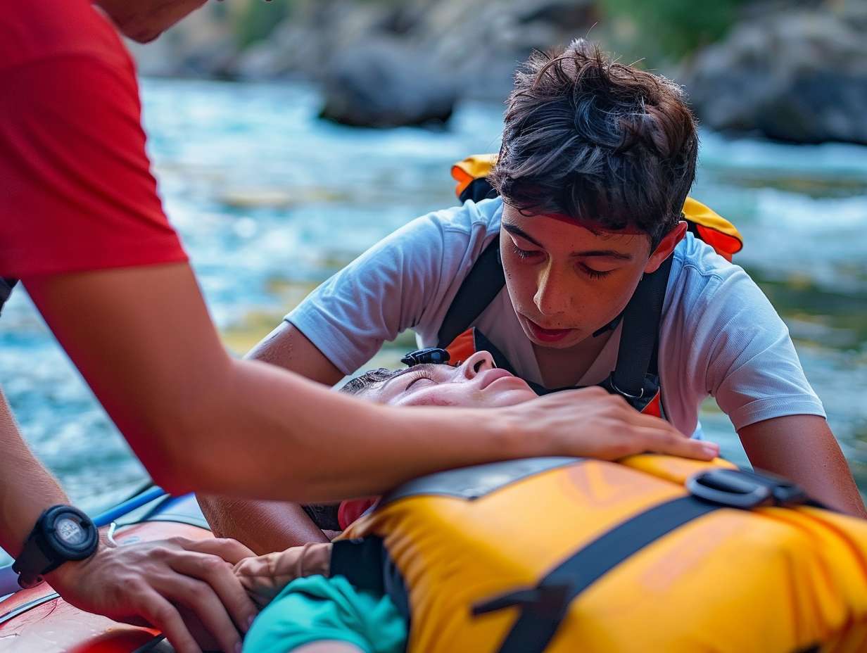 Two rafters performing CPR on a rafting trip