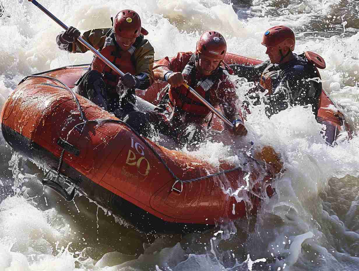 Swift water rescue team using throw bags throw ropes and carabiners to perform rescue techniques on a rushing river with a raft and paddles