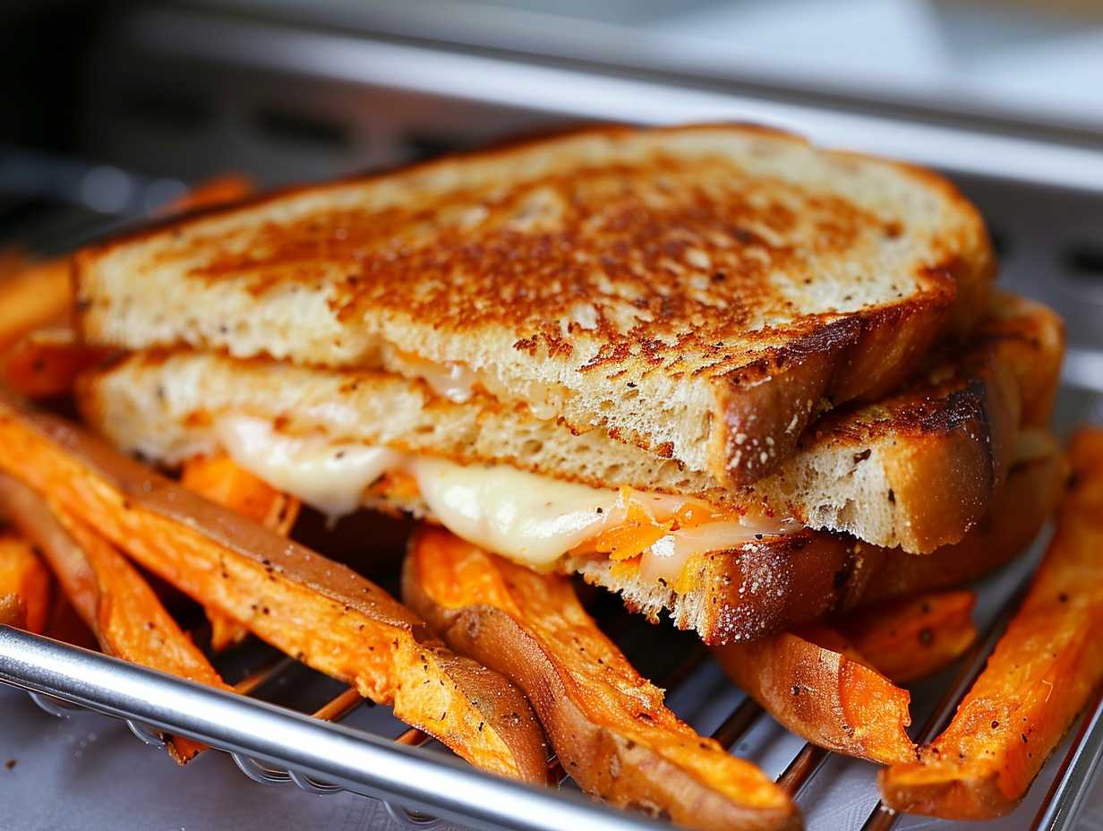 A golden-brown batch of crispy sweet potato fries and a perfectly grilled cheese sandwich emerging from a toaster oven air fryer, exuding irresistible aromas and appetizing textures.