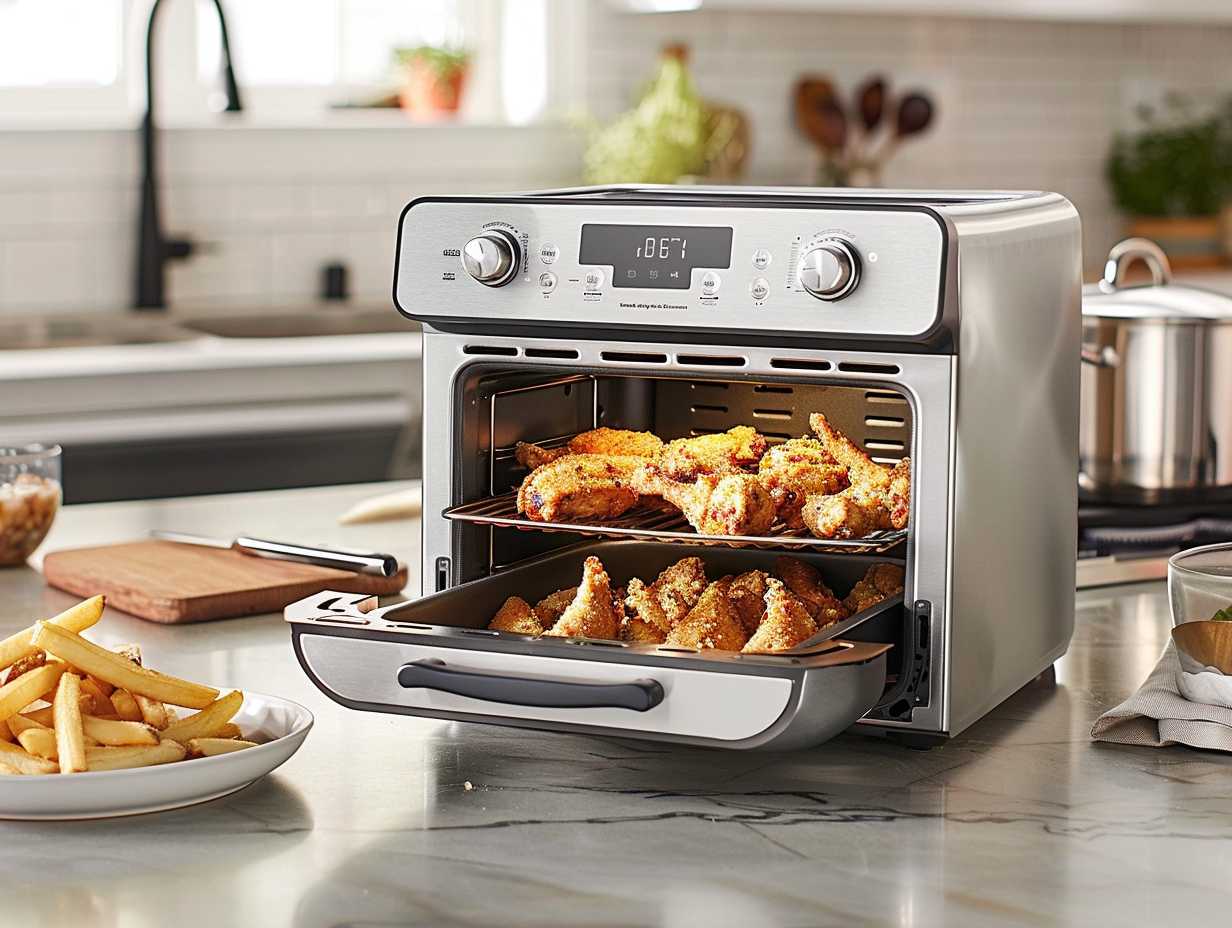 A sleek stainless steel toaster oven air fryer with open door, revealing golden crispy fries and succulent chicken wings on a pristine kitchen countertop.