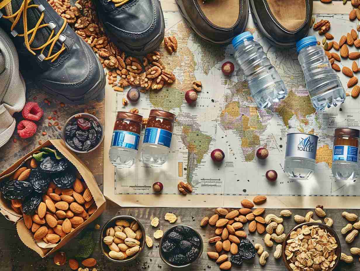 Assortment of trail snacks water bottles and hiking boots on a map for outdoor adventures