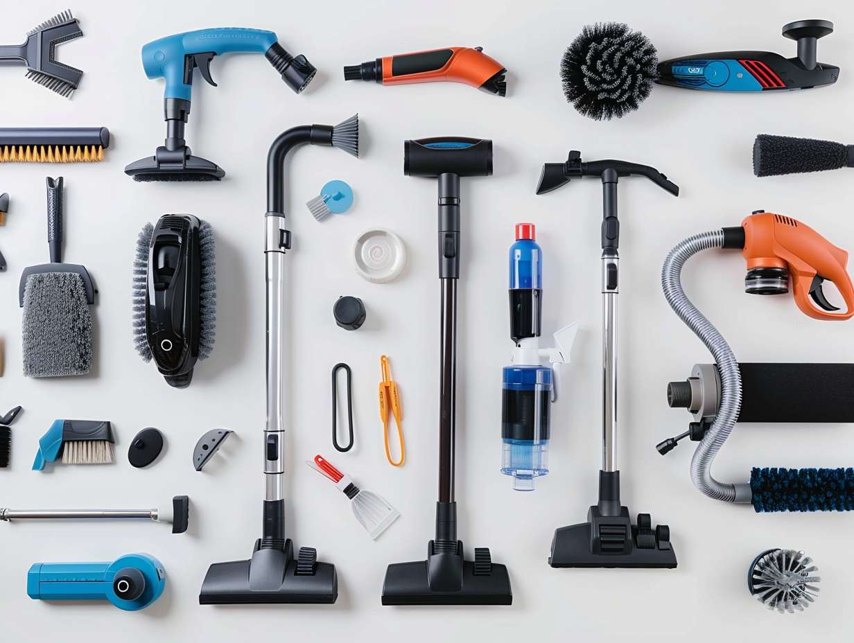 Various vacuum cleaner accessories laid out on a white surface