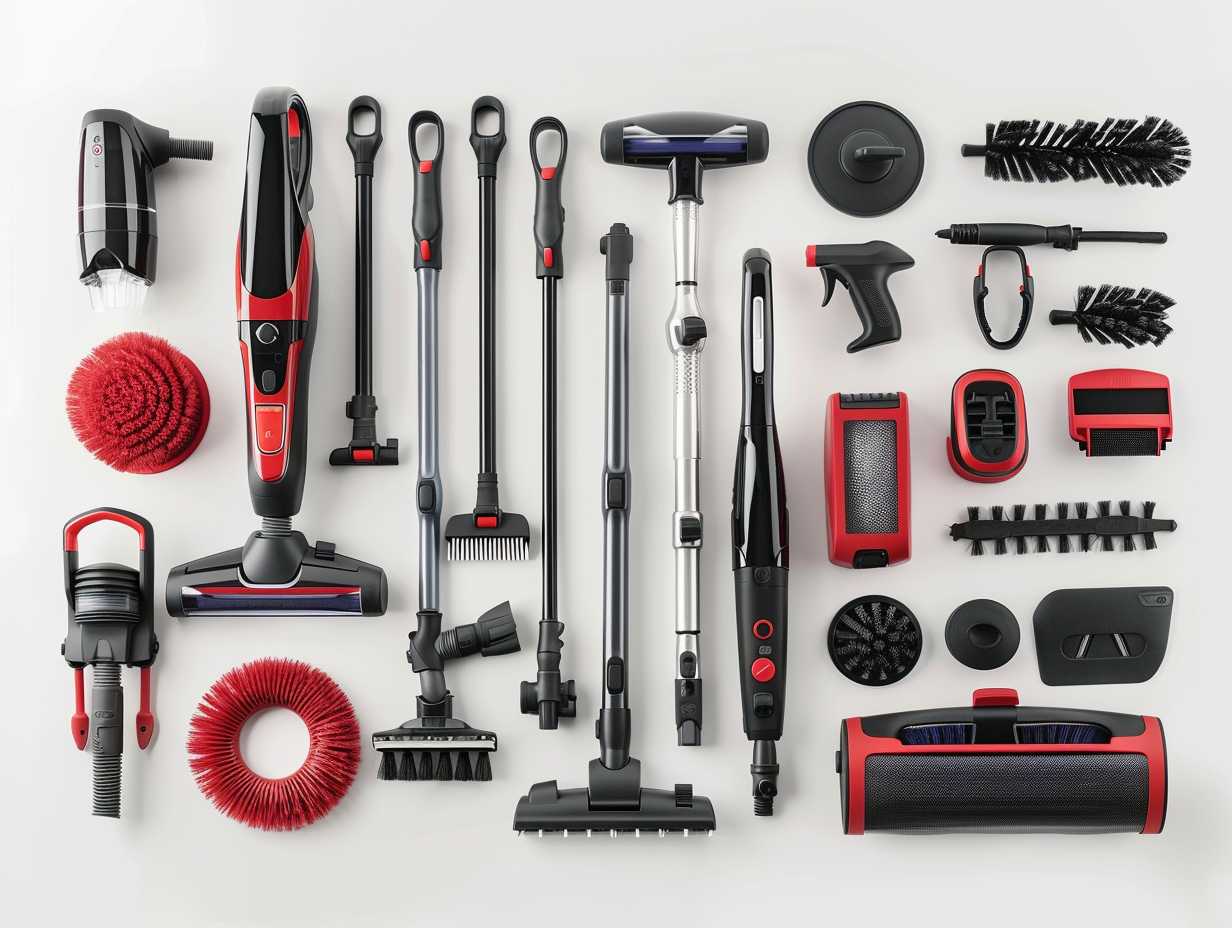 Various vacuum cleaner attachments neatly organized on a white background