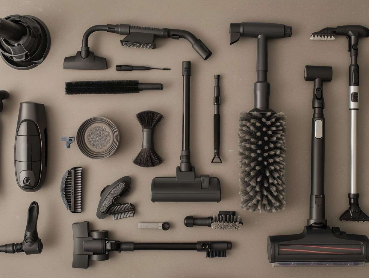 A variety of vacuum cleaner attachments including a crevice tool dusting brush upholstery tool and pet hair tool laid out on a table Each attachment is clearly labeled