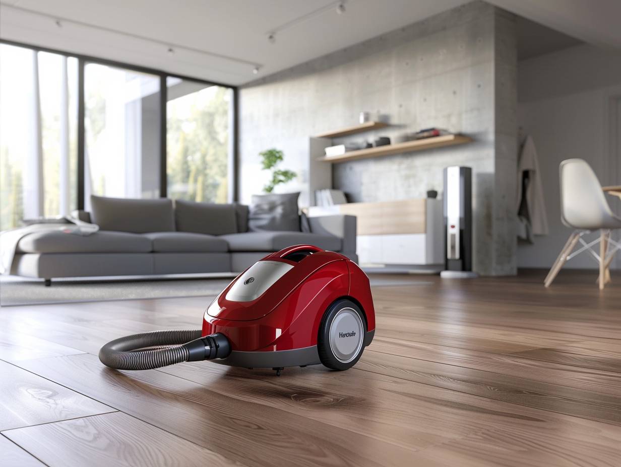 Red Hoover vacuum cleaner with bagless design and powerful suction capabilities