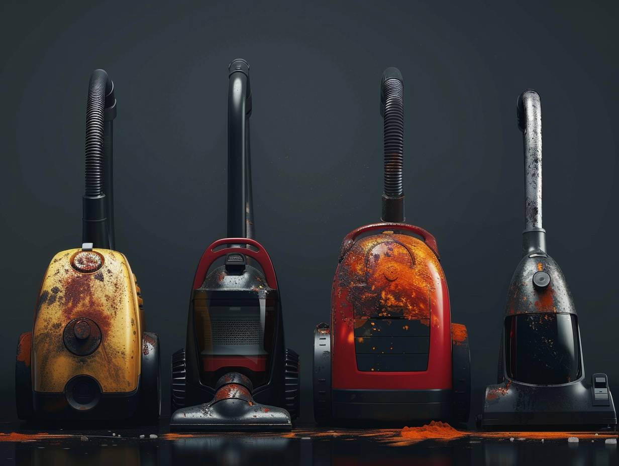 Four vacuum cleaners lined up in a row each with a different level of dust and debris collected in their canisters showcasing their performance and durability rankings