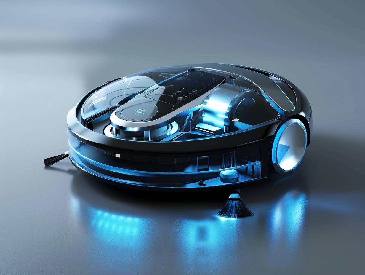 A sleek futuristic vacuum cleaner with app connectivity touch screen controls and advanced sensors