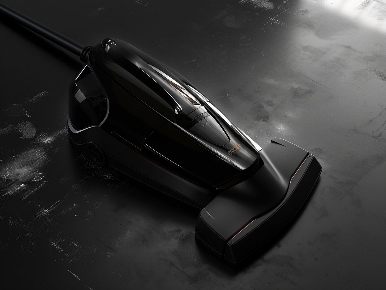 A sleek modern vacuum cleaner with a matte black finish and metallic accents