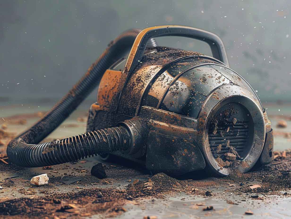 A well-used vacuum cleaner next to a pile of dirt and debris, showing scratches and scuffs on its surface.