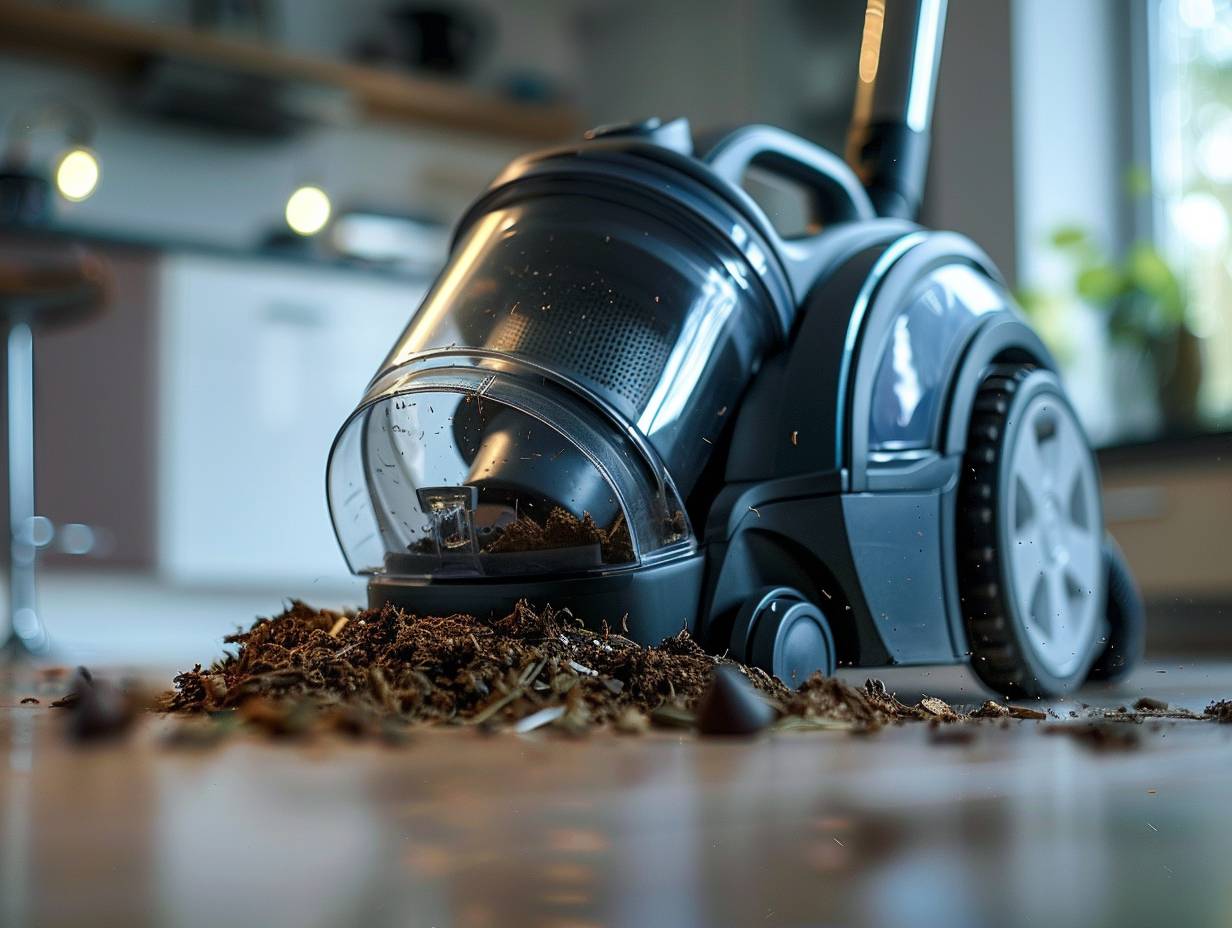 A vacuum cleaner with a transparent dust bin overflowing with dirt and debris illustrating the need for a larger capacity