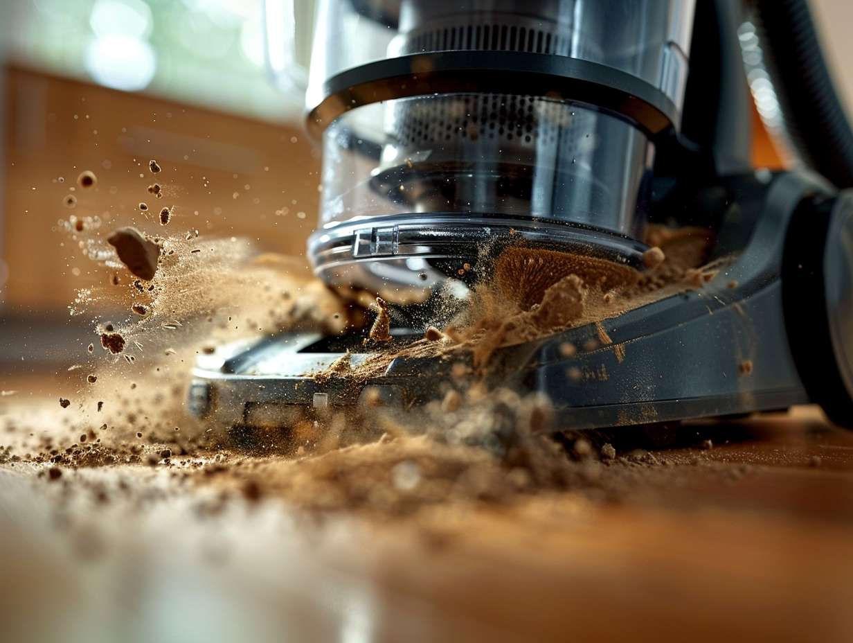 Close-up of a vacuum cleaner dust bin filled to the brim with dust and debris, overflowing slightly.