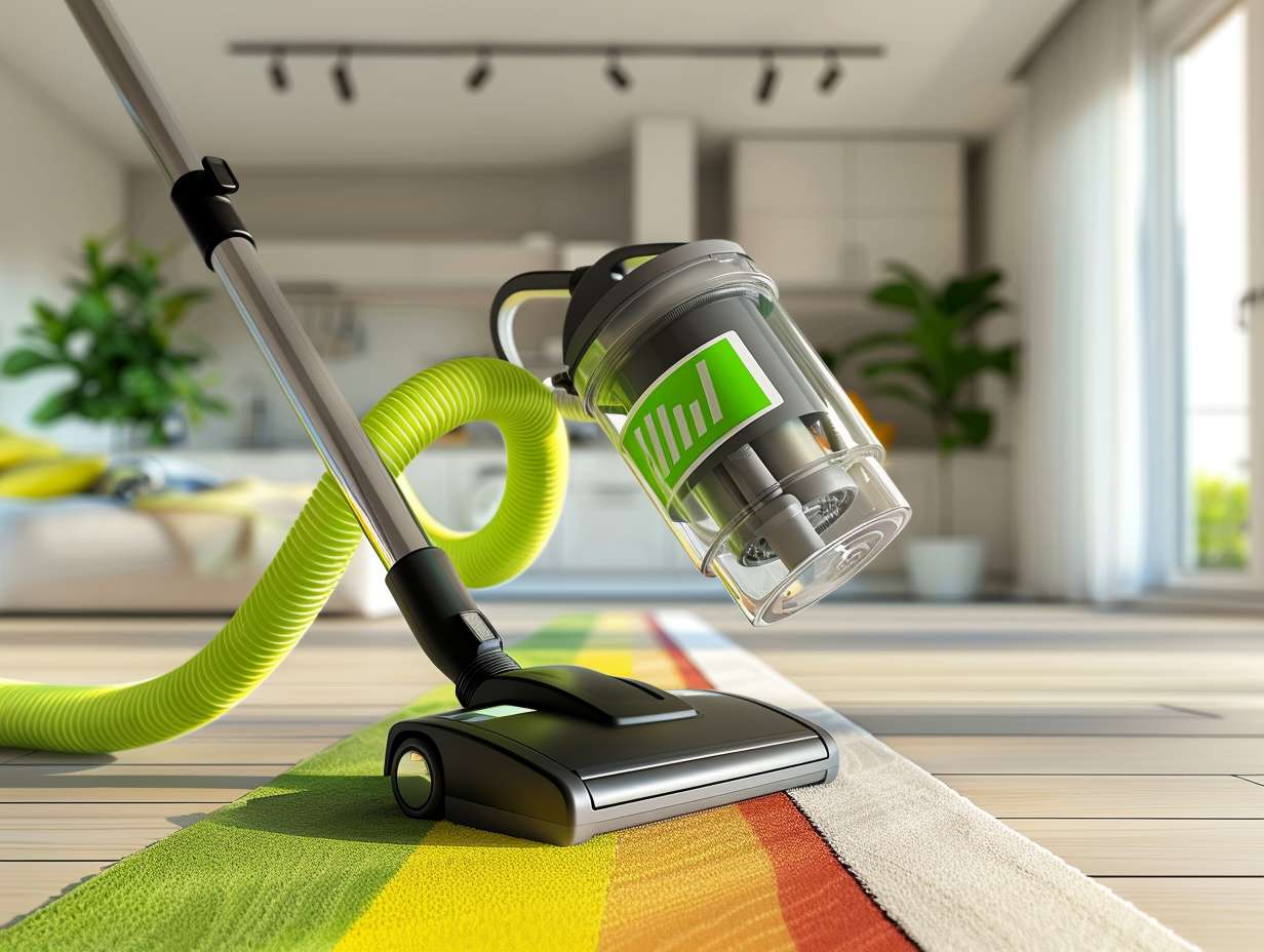 A modern vacuum cleaner with a bright green energy efficiency rating label in a clean home setting