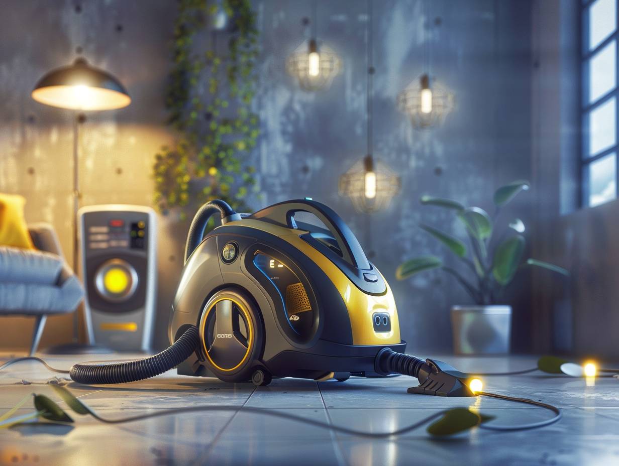 A vacuum cleaner plugged into a power meter showing low energy consumption in a clean, well-lit room with energy-efficient lighting.