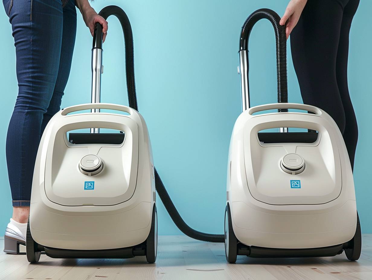 Person comparing two vacuum cleaners one with a large energy star rating sticker and the other with a small energy star rating sticker