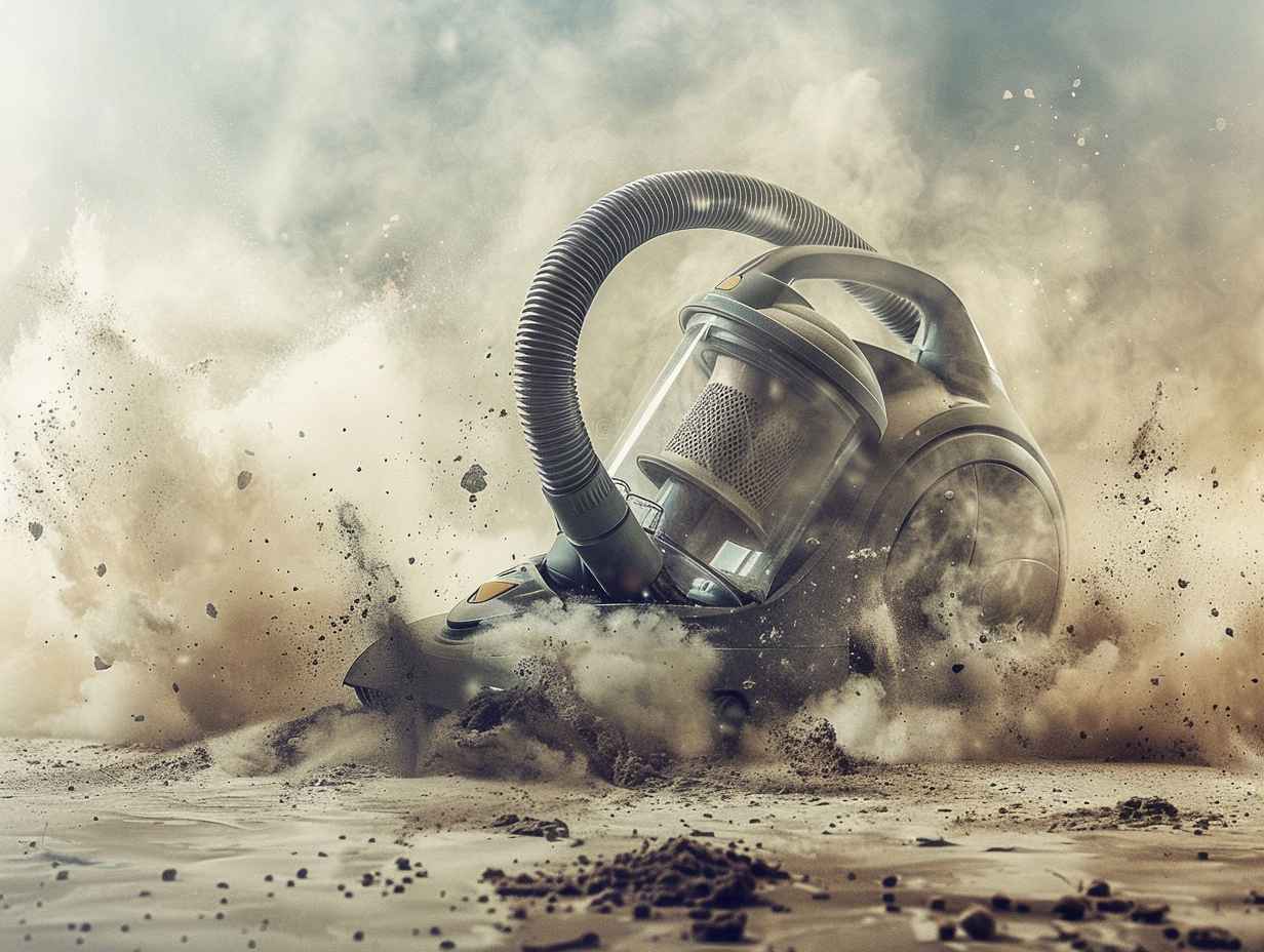 A vacuum cleaner with a full bag tangled brush and dirty filter surrounded by dust and debris to represent the importance of regular maintenance