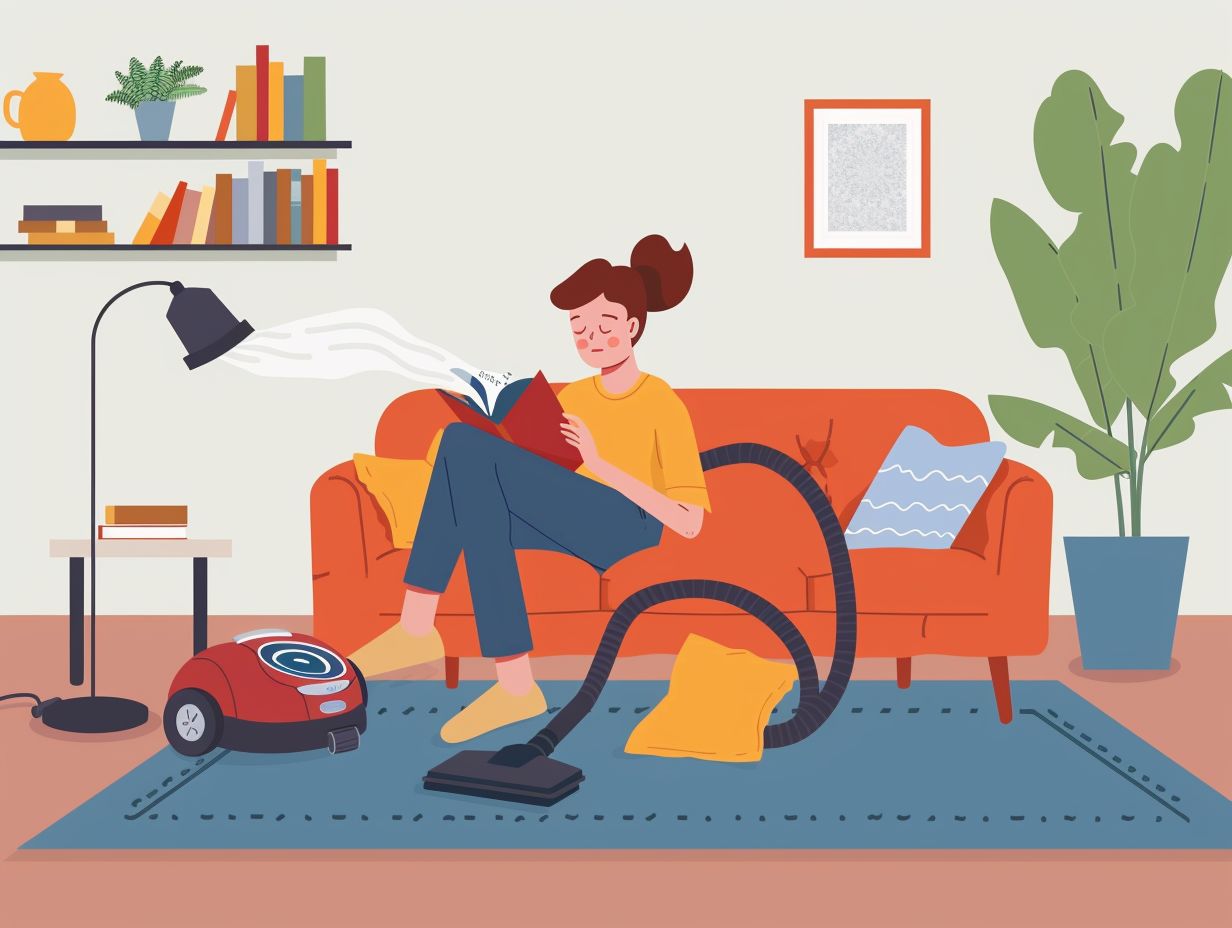 A person sitting in a cozy living room, reading a book while a vacuum cleaner operates in the background with a low, soothing hum.