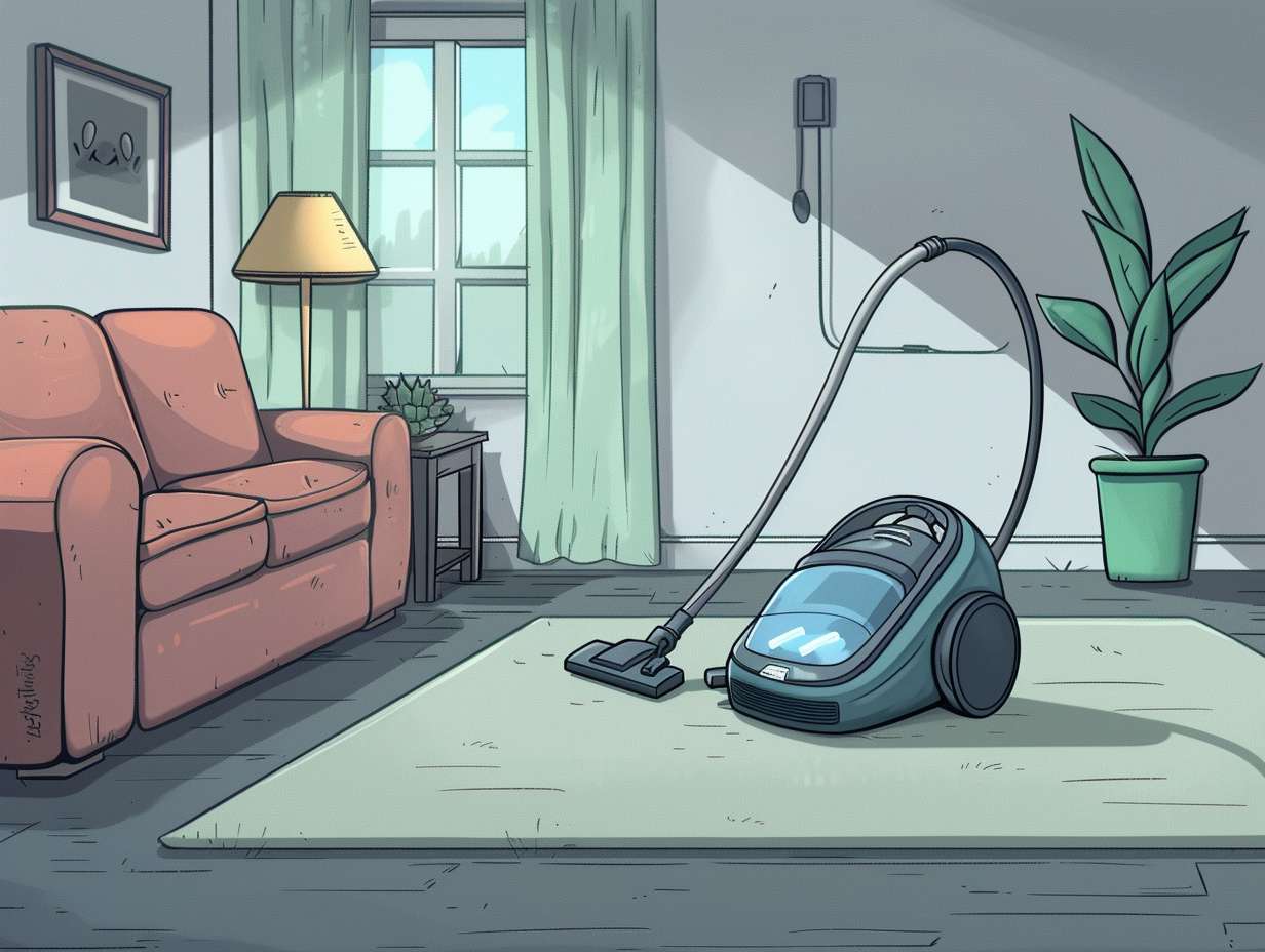 A vacuum cleaner in a living room setting with various factors affecting noise levels visible  carpet thickness furniture placement and vacuum brand